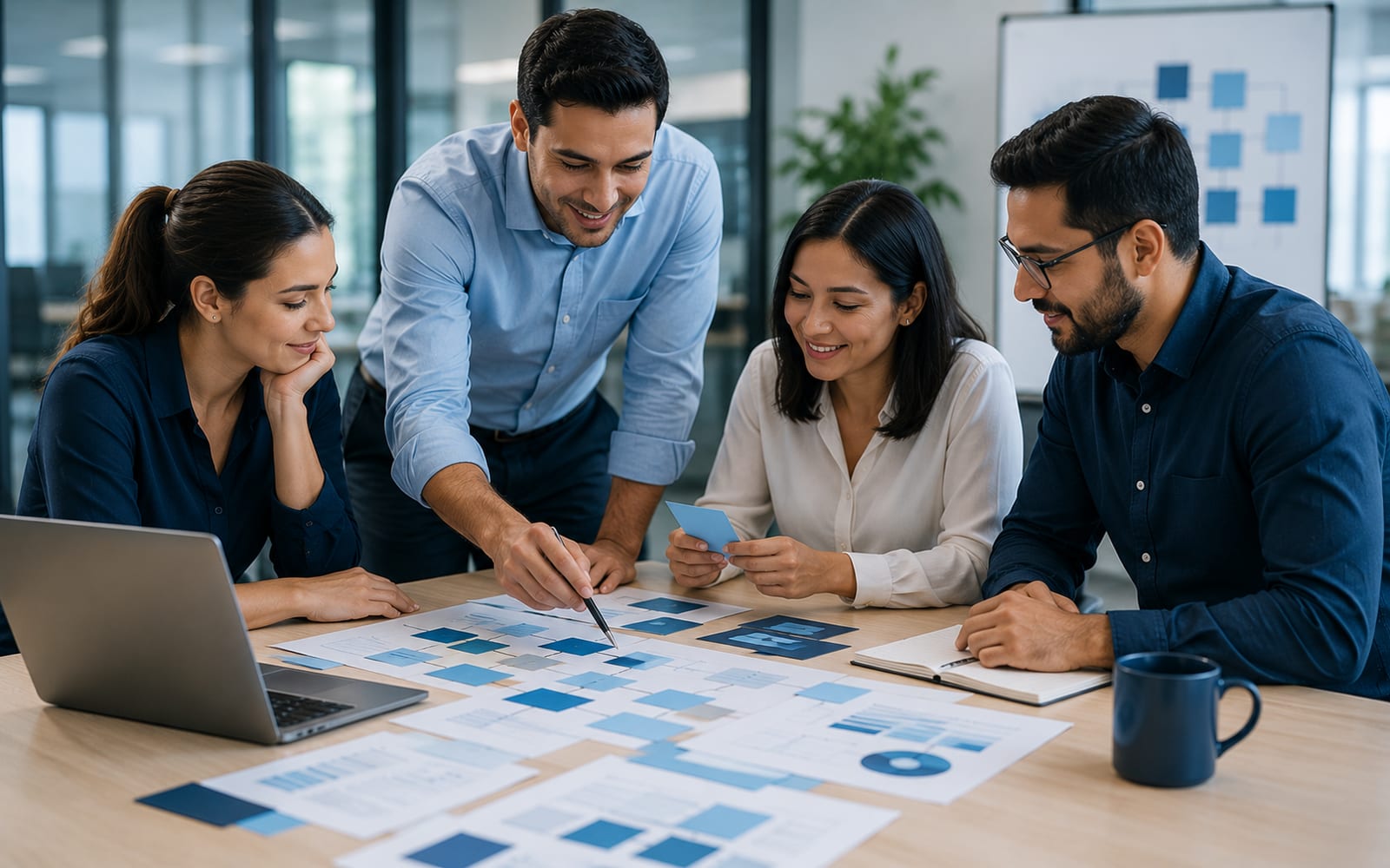 Equipo colaborando alrededor de un mapa de procesos y datos.
