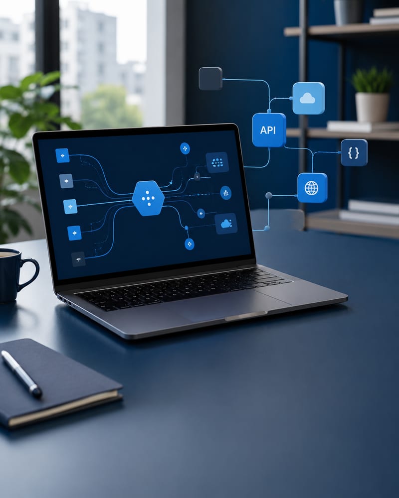 Computadora con un diagrama visual de integraciones y API.