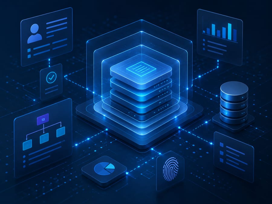 Plataforma de datos y registros conectados con controles visuales.
