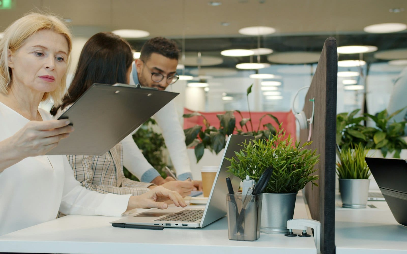 Personas colaborando alrededor de información de trabajo en una oficina compartida.